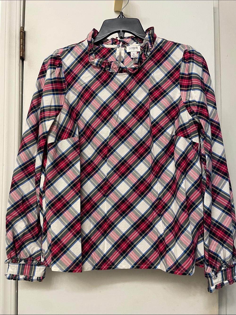 J. Crew Plaid Ruffle-Neck Long Sleeve Blouse in Pink, Blue and Cream